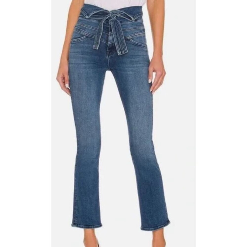 MOTHER *NEW the triple stack inside her ankle Blue Flare Jeans with Tie Waist